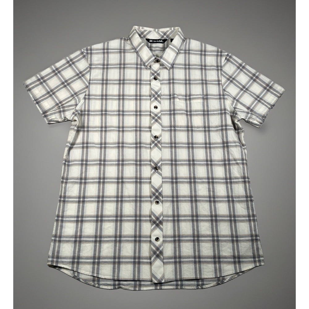TravisMathew Mens XL Short Sleeve Plaid Button Up Shirt Beige Gray Golf Casual